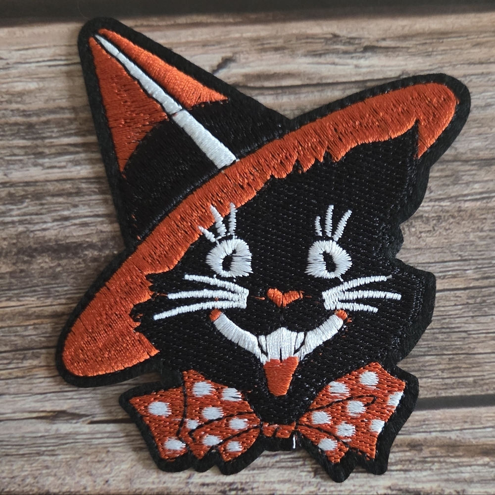 Halloween Black Cat Bow Tie Goth Occult Embroidered Iron on Patch